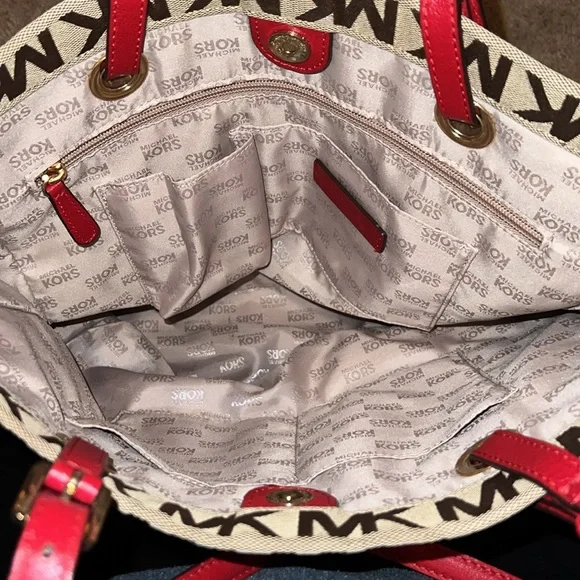 Michael Kors Signature Classic Monogram MK Tall Jet Set Tote in Brown/Tan/Red. - Picture 7 of 11